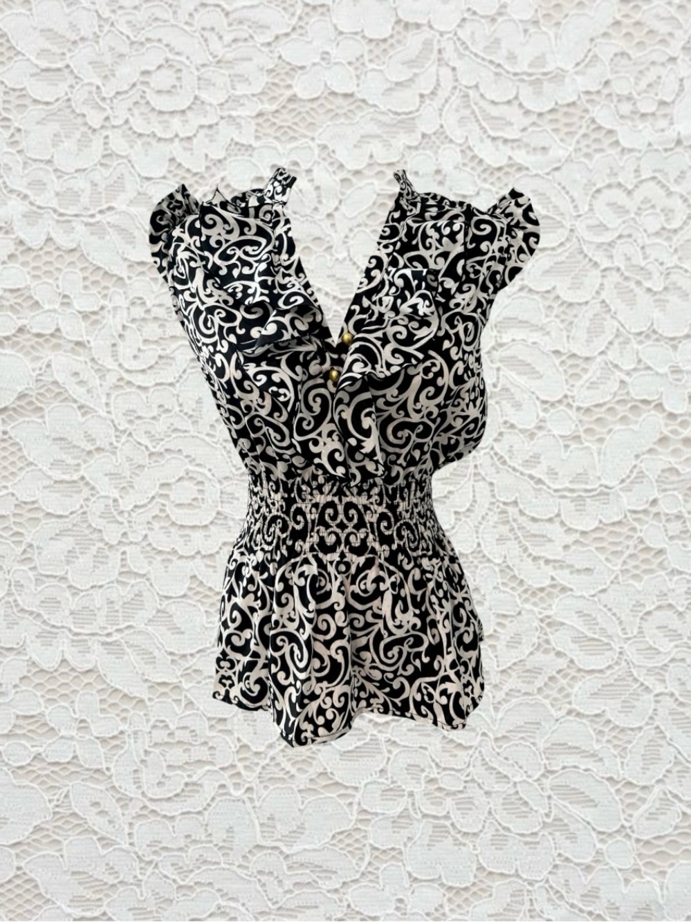 vintage candie’s black & white swirl print office siren blouse